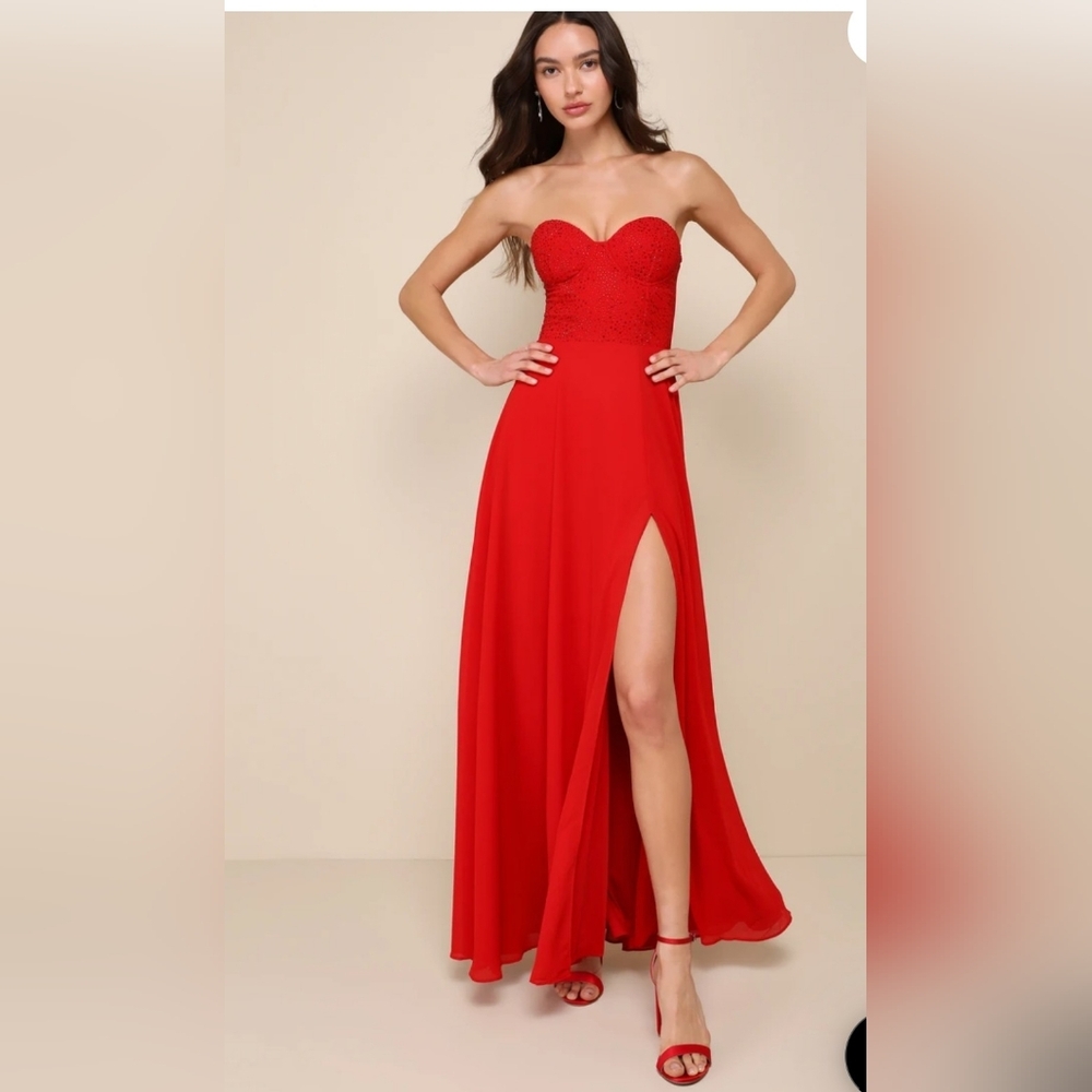 Remember This Moment Red Rhinestone Strapless Maxi Dress
